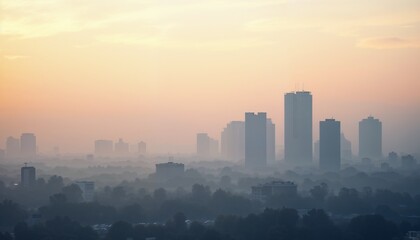 Misty city skyline at dawn with tall buildings and soft pastel colors in the sky