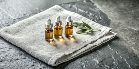 Poster - Small essential oil bottles resting on a folded cloth with leaves.