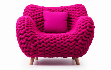 Viva magenta knitted armchair isolated on white. Knitted magenta chair. Pink knitted armchair on white background