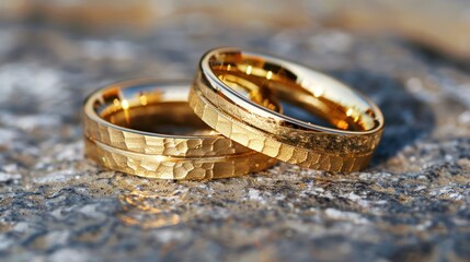 Two Golden Wedding Bands Resting on a Rough Surface