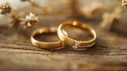 Two Gold Wedding Bands with Diamonds Resting on a Wooden Surface