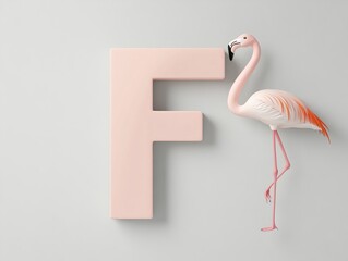 F formed by a flamingo standing upright with its leg and long neck creating the top and middle lines of the letter F, light gray background