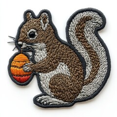 playful squirrel embroidered patch badge on isolated white background, vector badge and patch collec