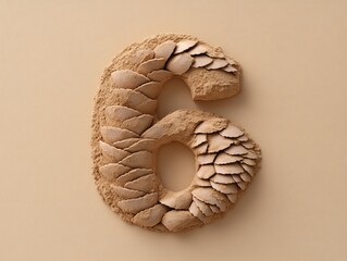 6 created by a curled pangolin forming the number 6, light sandy background