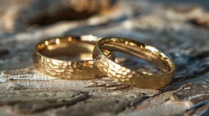 Two Gold Wedding Bands with Hammered Texture on Rough Wood