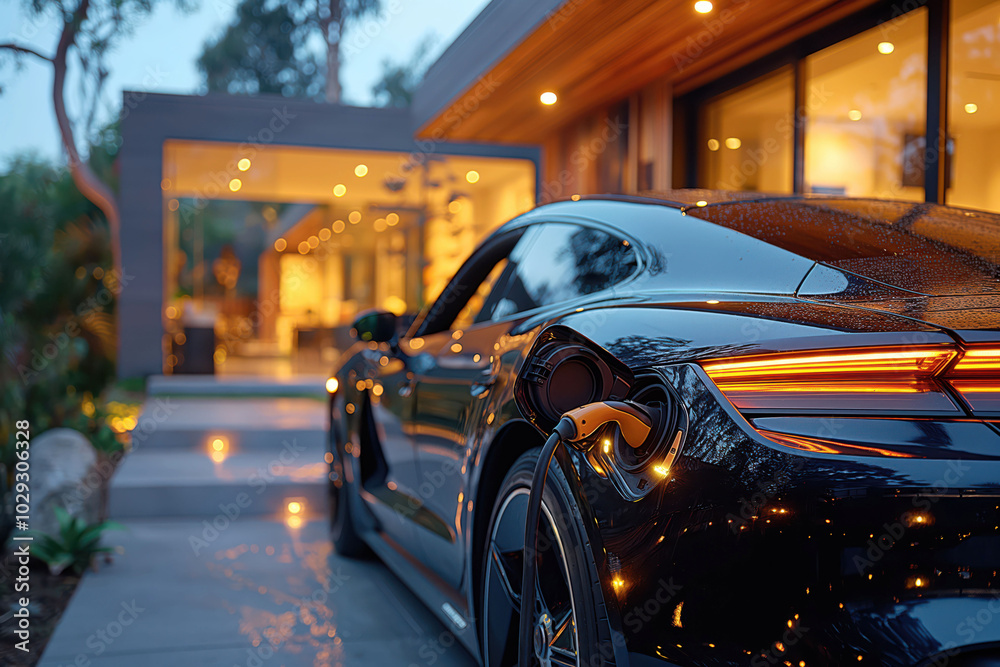 Luxury electric car parked outside modern house at dusk with lights on ...