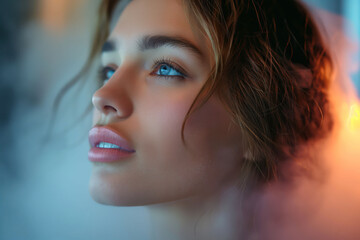 Wall Mural - Dreamy close-up of woman's face in soft ambient light with smokey background