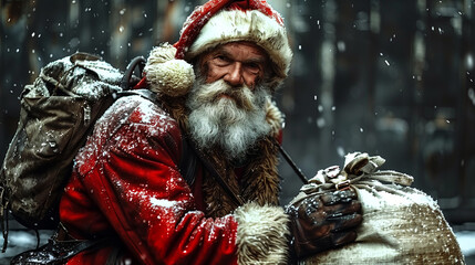 Santa Claus with gifts in the snow. Winter postcard. Xmas. Happy New Year. Merry Christmas. Santa Claus on the street. 