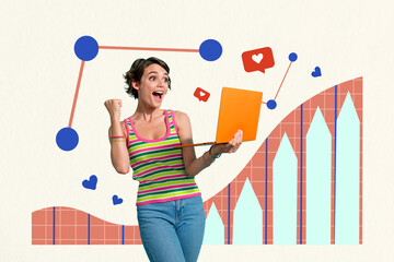 Poster - Creative collage picture young girl celebrate success triumph winner yes laptop computer blogger social media feedback popularity