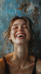 Poster - Portrait of a young woman laughing, 4K hyperrealistic photo