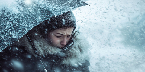 Person wearing winter coat withstanding strong wind and heavy snow in a city street. Extreme weather conditions.