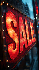 Close-up of a bright SALE sign, representing retail promotions and holiday shopping excitement.