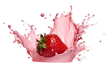 A vibrant red strawberry splashes into pink milk, creating an energetic burst of droplets and waves, captured against a clean, white background. Perfect for food and beverage themes.