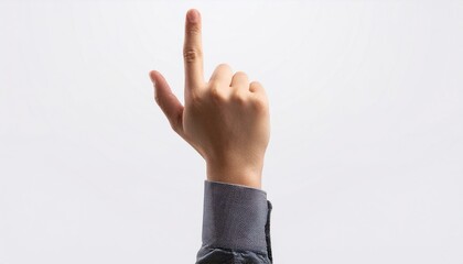 A human hand making a gun hand gesture pointing at the sky; hand photography; white background; an index finger and the thumb to show a finger gun gesture