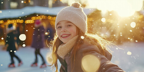 Two cheerful girls having fun together on skating rink on Christmas market. Two little friends skating on sunny winter day.