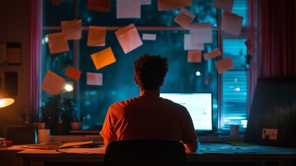 Poster - A person working late at night in a dimly lit room surrounded by notes and a glowing computer screen