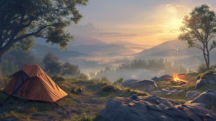 Wall Mural - A solitary tent nestled in a mountainous landscape at sunrise.