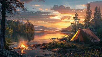 Wall Mural - Campsite by a Lake at Sunset with a Fire and Tent