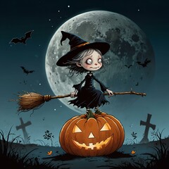 Whimsical Witch Riding Broom in Full Moonlight - Halloween Cartoon Illustration