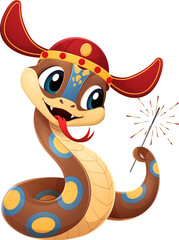 Wall Mural - Cartoon snake character wearing a festive hat celebrates the Chinese New Year 2025. Vector funny reptile holding a sparkler, symbolizing holiday festivity, joy and excitement, happiness and tradition