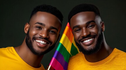 Pride and Joy: Two smiling Black men stand close together, holding a rainbow Pride flag, showcasing love, acceptance, and unity in a powerful symbol of LGBTQ+ pride. 