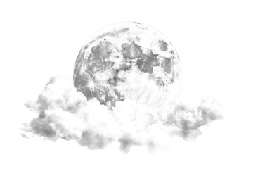 Wall Mural - Serene night sky with a full moon partially covered by fluffy clouds, creating a tranquil and dreamy atmosphere.