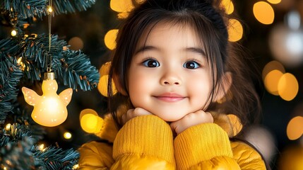 Christmas Cheer: A young girl beams with holiday spirit, her eyes sparkling with joy as she gazes at a festive Christmas tree adorned with twinkling lights.