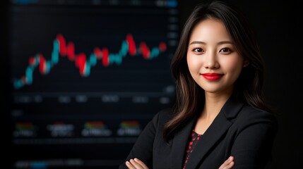 Confident Businesswoman: Portrait of a young Asian businesswoman with arms crossed, standing confidently in front of a stock market graph.  A powerful image of success and determination. 