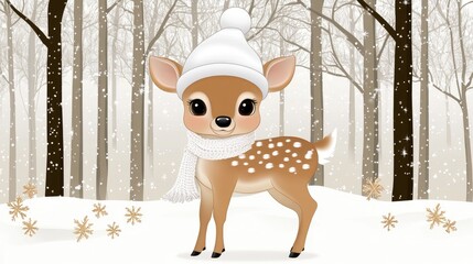 In a snowy forest, a cute baby deer with a fluffy tail wears a white hat and scarf, radiating joy under sparkling stars amid the serene trees