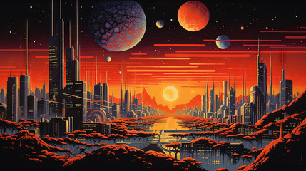 Poster - Retro futuristic city in the old school sci-fi art scene. Retro space landscape with city