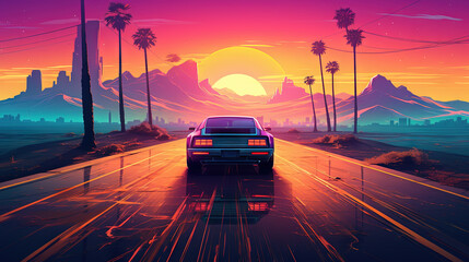Poster - Car ride on the morning road in 80s retro synthwave or 00s vaporwave style.