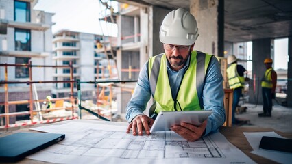 Construction manager examining plans on tablet at a construction site