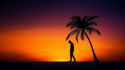 Wall Mural - Silhouette of Solitude: A solitary figure walks towards a palm tree against a vivid sunset, evoking a sense of reflection and contemplation.