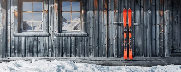 Canvas Print - Skis leaning against the cabin wall, 4K hyperrealistic photo