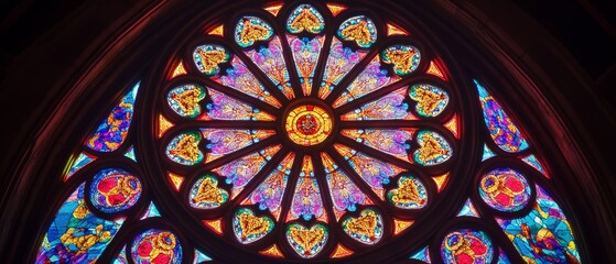 Stunning kaleidoscopic stained glass rose window in a cathedral, featuring intricate patterns of hearts and floral designs in vibrant colors