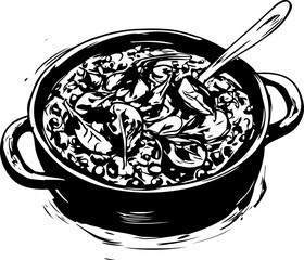 Black and white vector illustration of a pot of stew, showcasing aromatic ingredients and a spoon, ideal for culinary design projects.