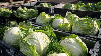 Canvas Print - Freshly Harvested Green Cabbages in Black Plastic Crates