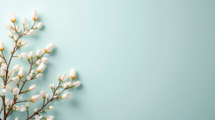 Wall Mural - Elegant white magnolia flowers are gracefully positioned against a calm blue backdrop, enhancing a sense of tranquility and beauty in any space