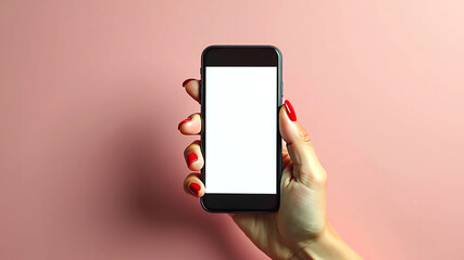 Mockup of female hand holding cell phone with blank screen on a pink background.
