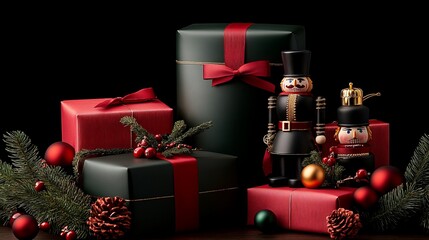 Nutcracker Christmas: A festive tableau of Christmas spirit, featuring two charming nutcracker figurines amidst a collection of beautifully wrapped gifts, adorned with red bows.