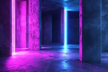 Wall Mural - Futuristic Neon Lights Corridor. Modern Design with Dark Illumination in Contemporary Architecture