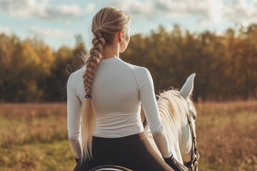 Blonde braided horse girl in a white sport long sleeve top and black leggings