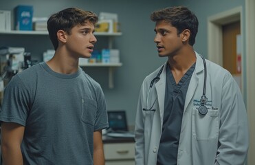 Young Man with Indian Doctor in Casual and Professional Attire