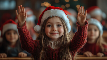 Cheerful girl in Santa hat raises hands, celebrating Christmas joyfully.