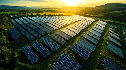 Expansive solar farm with panels reflecting sunlight in a vast green field, emphasizing renewable energy