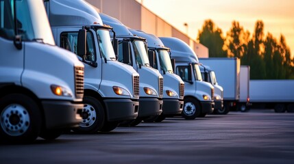 Poster - Fleet of delivery trucks lined up at a distribution center, emphasizing the transportation network of logistics