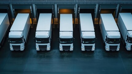 Poster - Fleet of delivery trucks lined up at a distribution center, emphasizing the transportation network of logistics