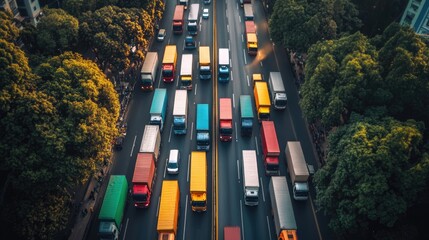 Poster - Fleet of delivery trucks on the road, representing the transportation aspect of logistics and supply chain management
