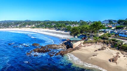 Wall Mural - panoramic drone view of Carmel by the sea, California with city and beach