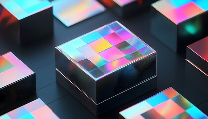 Poster - A vibrant array of holographic cubes reflecting colorful lights, creating an abstract, modern aesthetic perfect for digital designs.